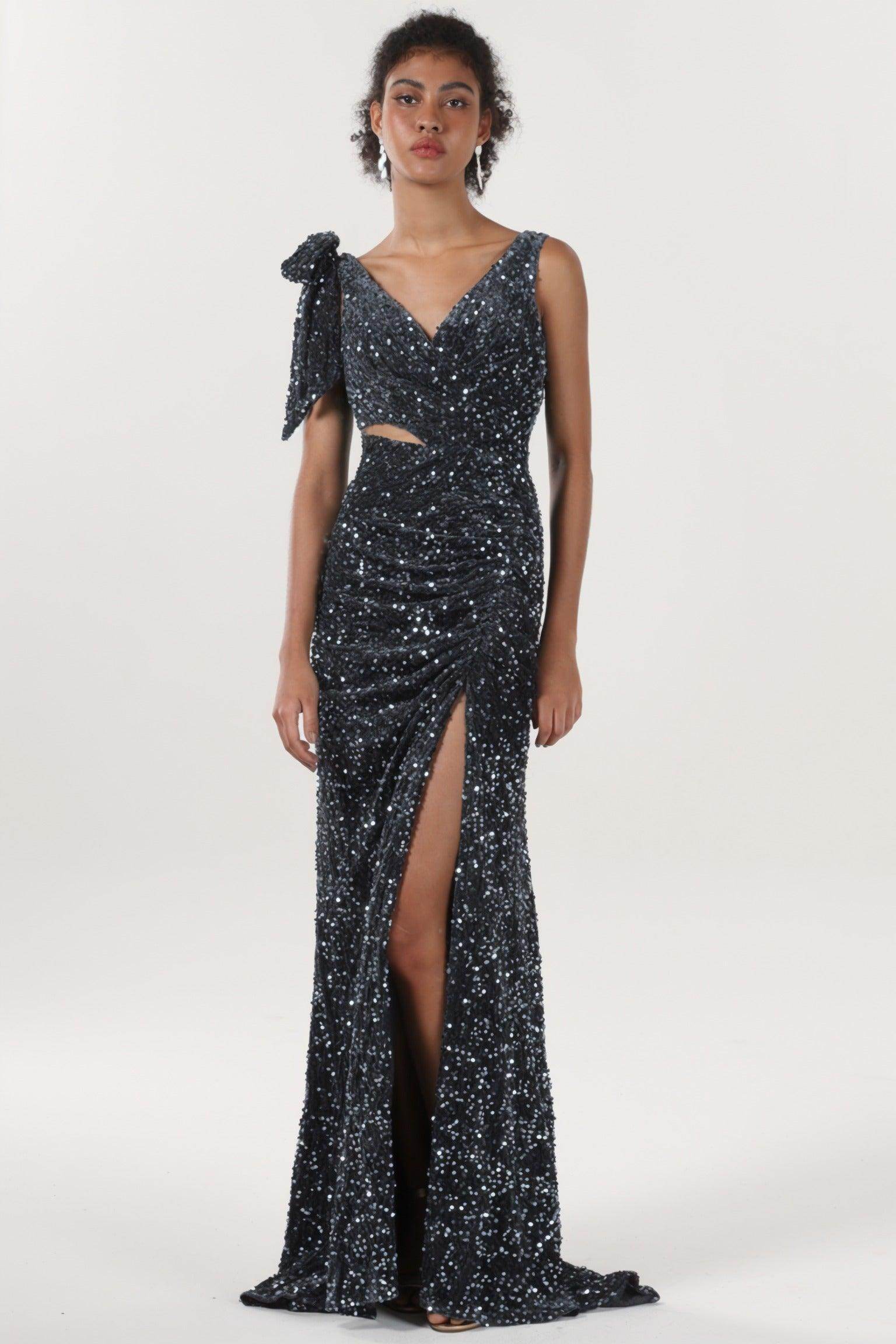 Sheath-Column Sweep-Brush Train Velvet Sequin Bridesmaid Dress CS0633BM - COCOMELODY