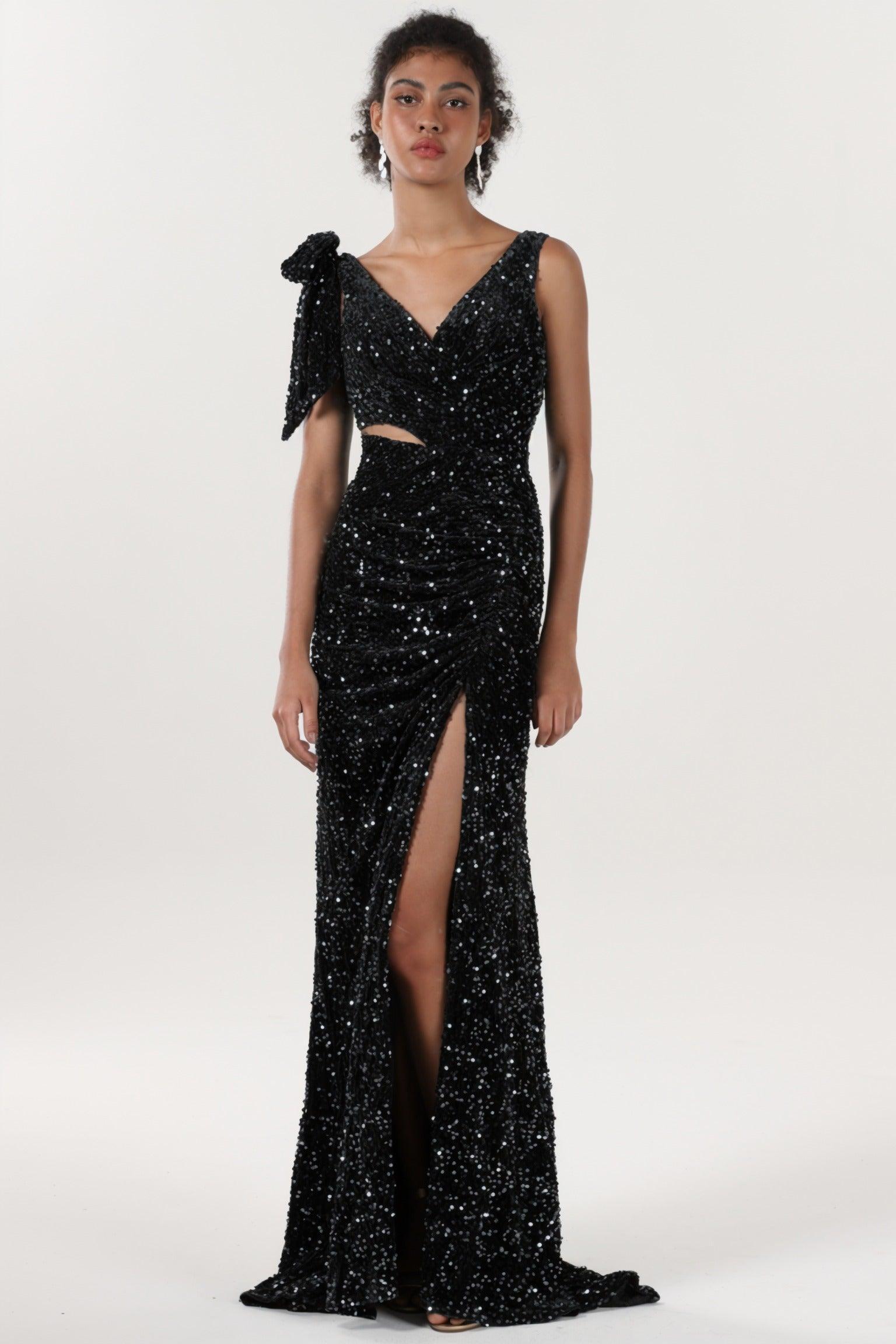 Sheath-Column Sweep-Brush Train Velvet Sequin Bridesmaid Dress CS0633BM - COCOMELODY