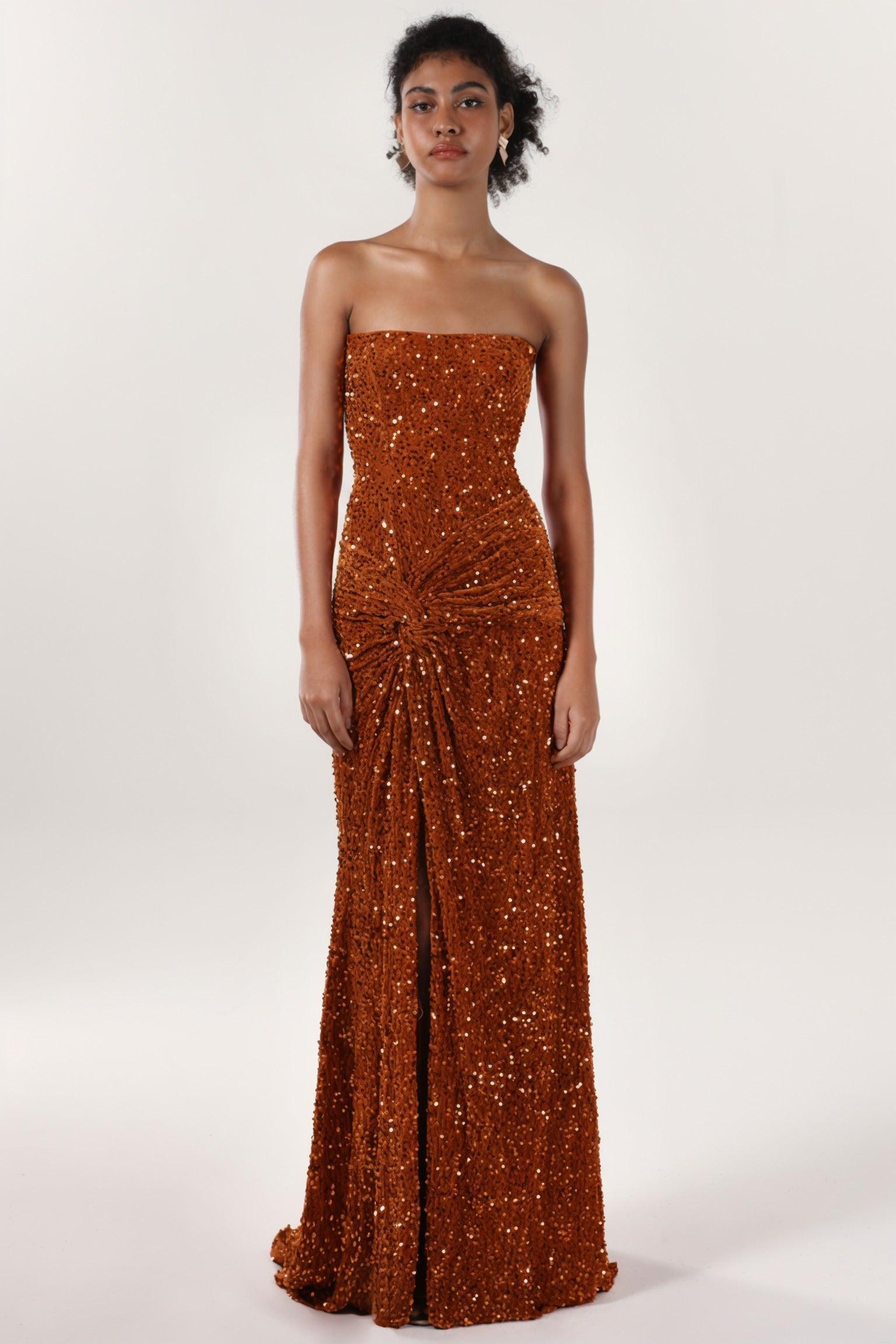 Sheath-Column Sweep-Brush Train Velvet Sequin Bridesmaid Dress CS0634BM - COCOMELODY