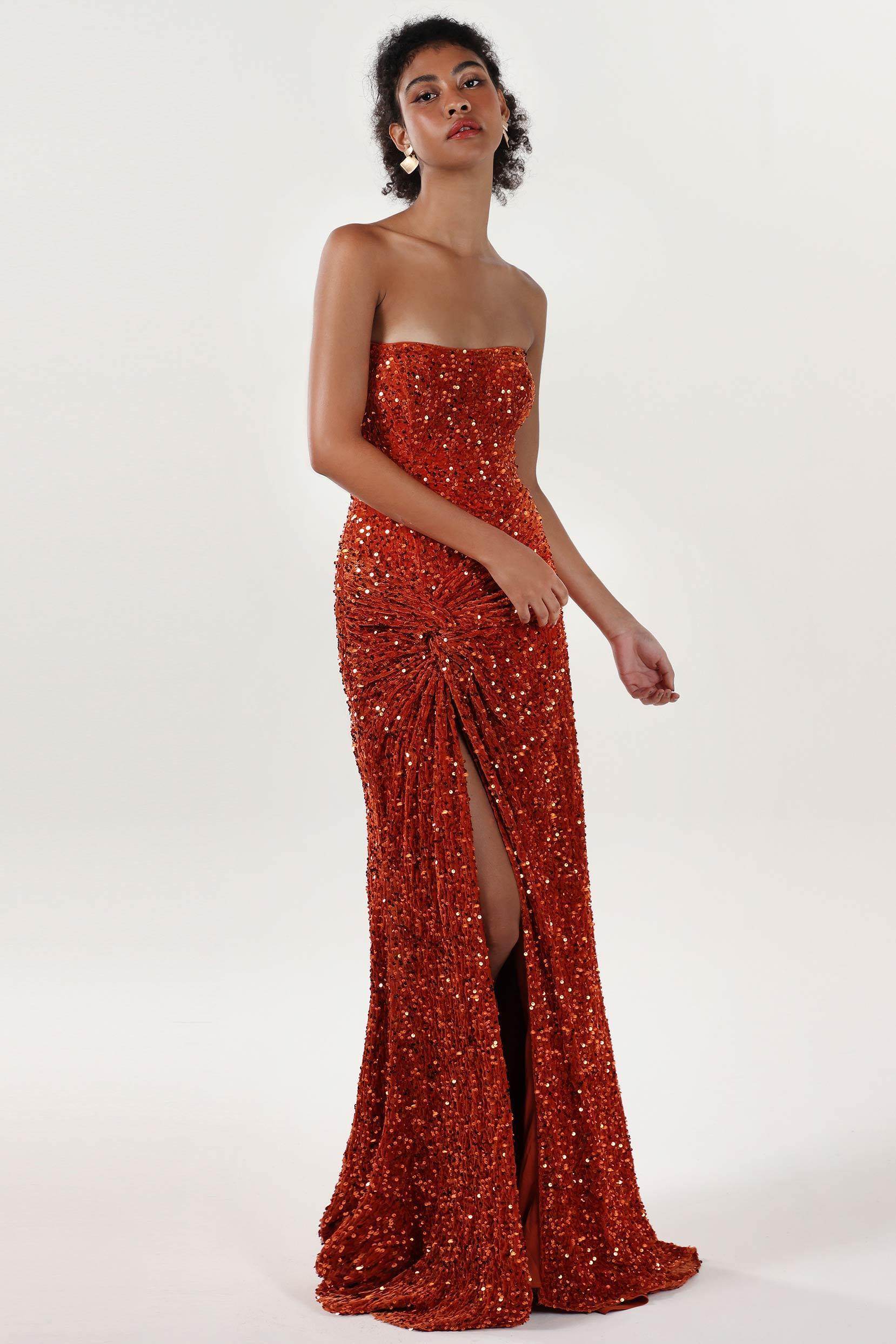 Sheath-Column Sweep-Brush Train Velvet Sequin Bridesmaid Dress CS0634BM - COCOMELODY