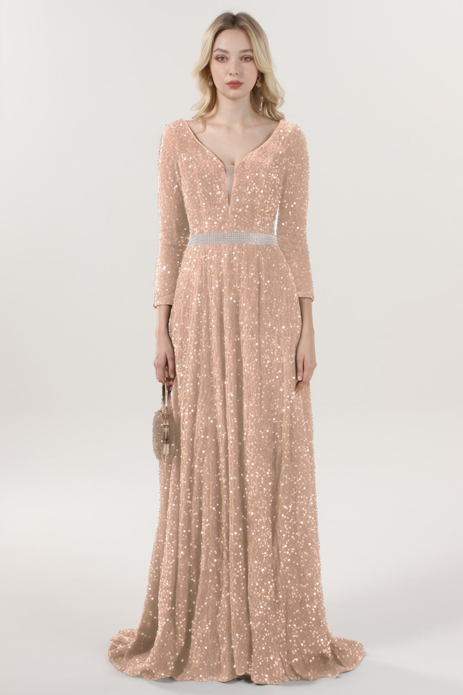 A-Line Sweep-Brush Train Velvet Sequin Bridesmaid Dress CS0636BM - COCOMELODY