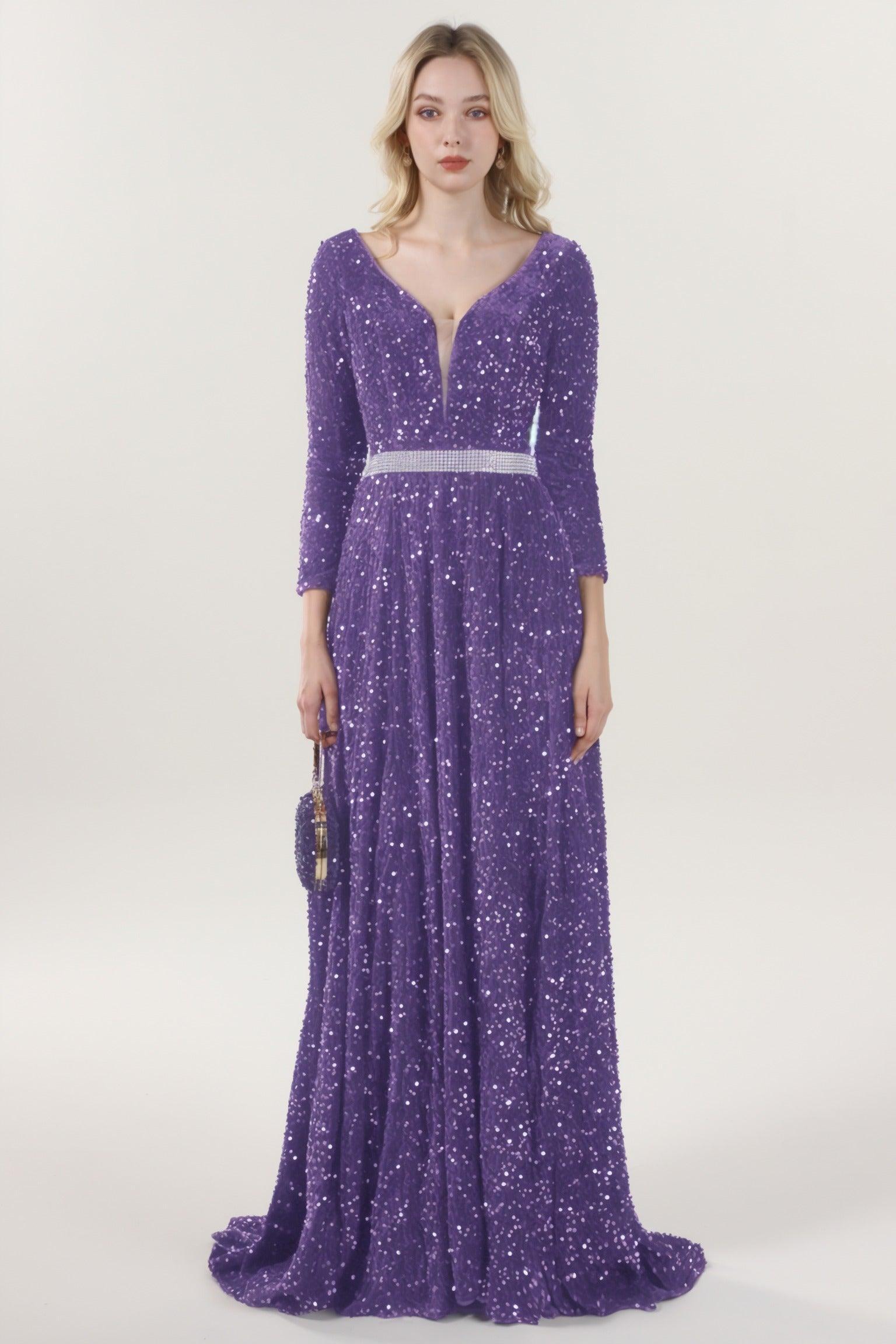 A-Line Sweep-Brush Train Velvet Sequin Bridesmaid Dress CS0636BM - COCOMELODY