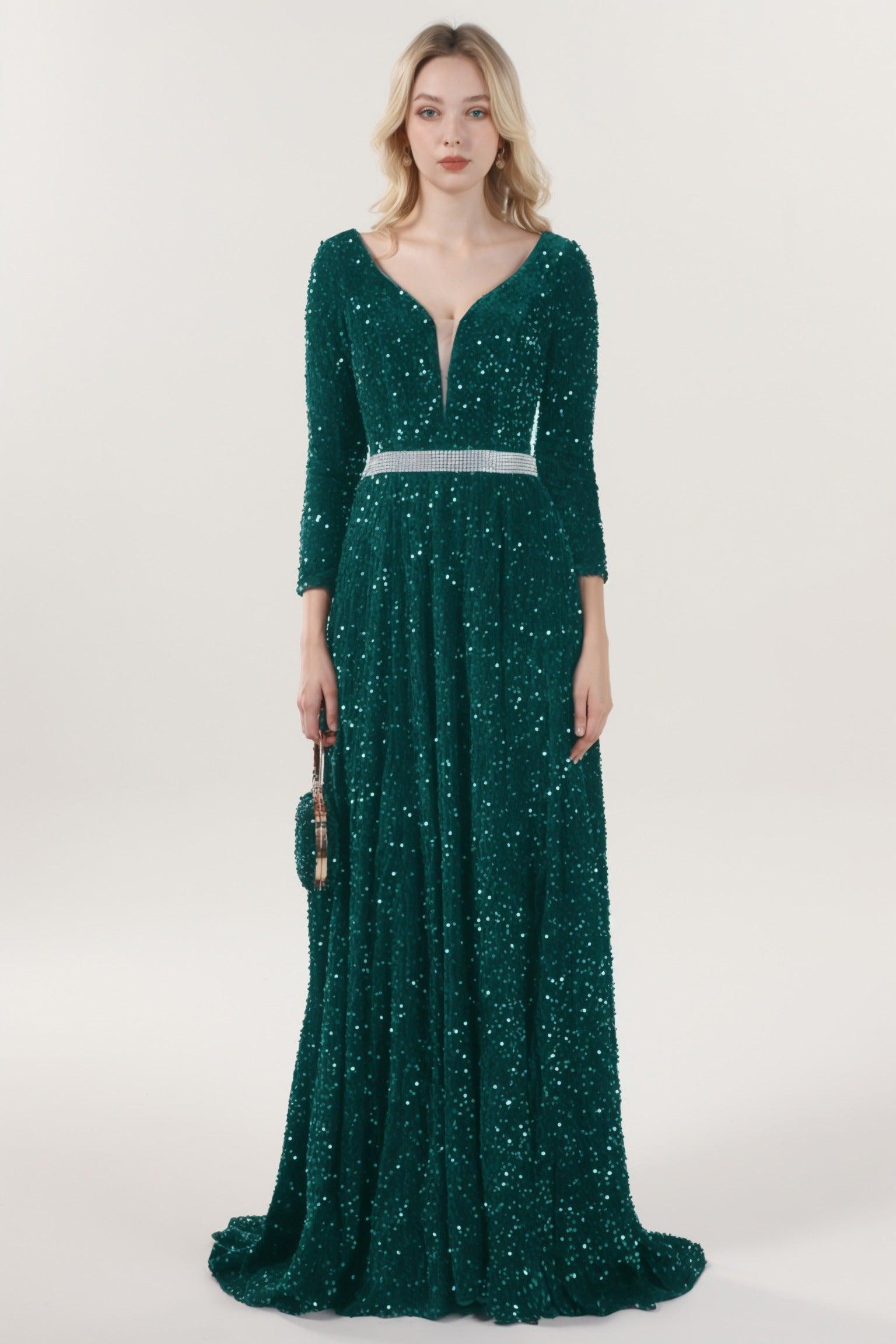 A-Line Sweep-Brush Train Velvet Sequin Bridesmaid Dress CS0636BM - COCOMELODY