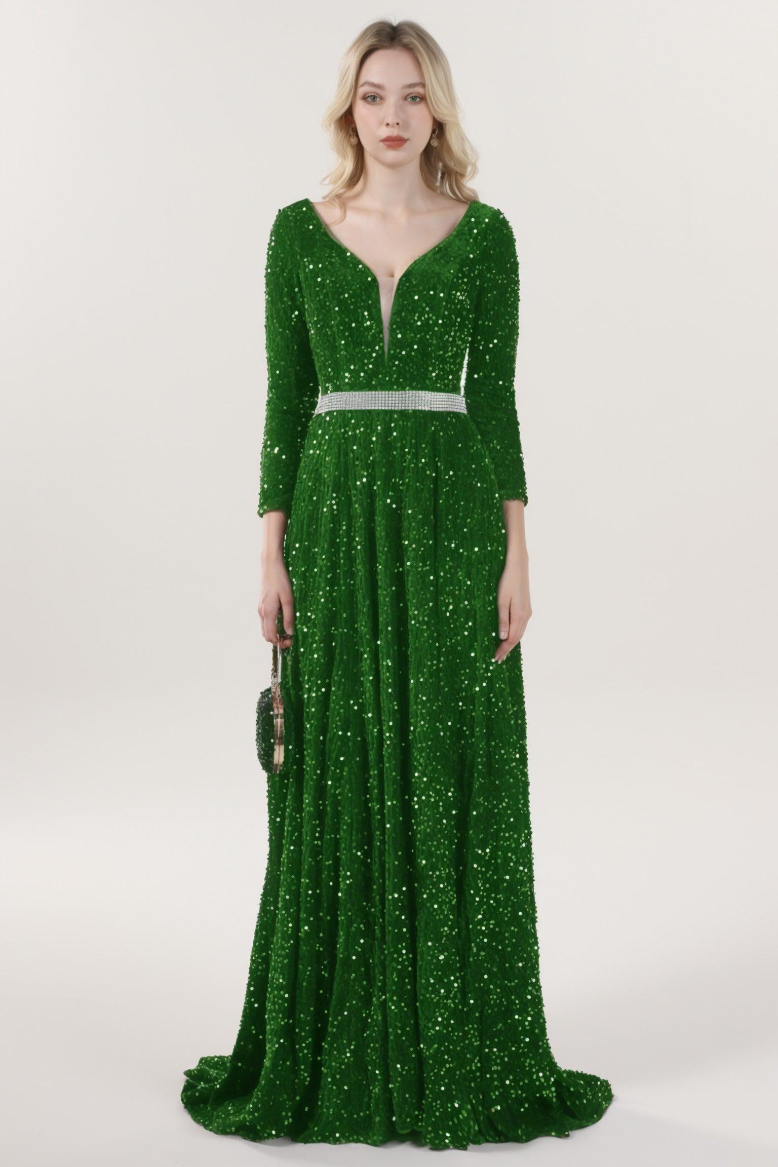 A-Line Sweep-Brush Train Velvet Sequin Bridesmaid Dress CS0636BM - COCOMELODY