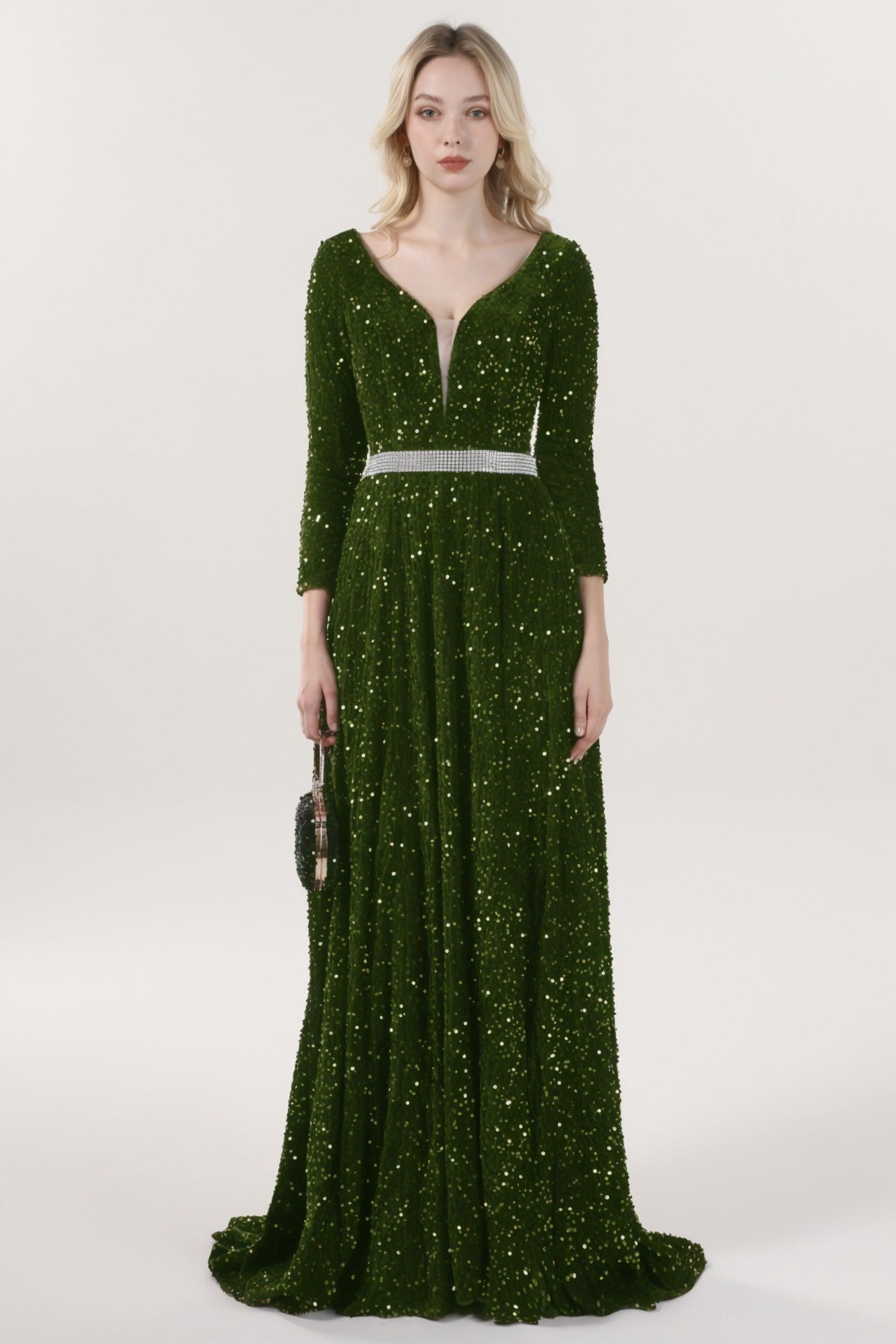 A-Line Sweep-Brush Train Velvet Sequin Bridesmaid Dress CS0636BM - COCOMELODY