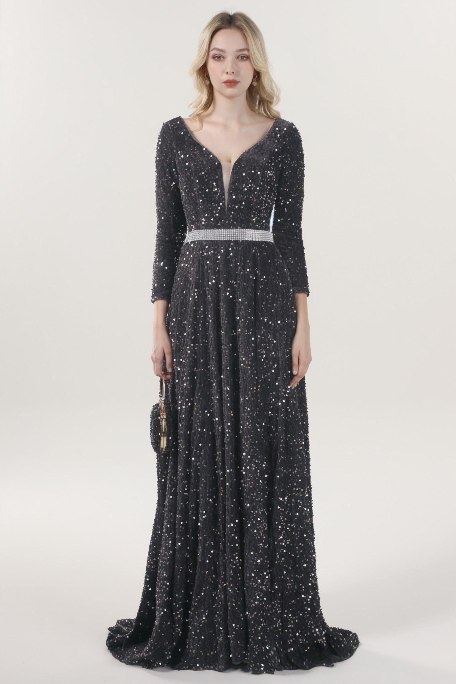 A-Line Sweep-Brush Train Velvet Sequin Bridesmaid Dress CS0636BM - COCOMELODY