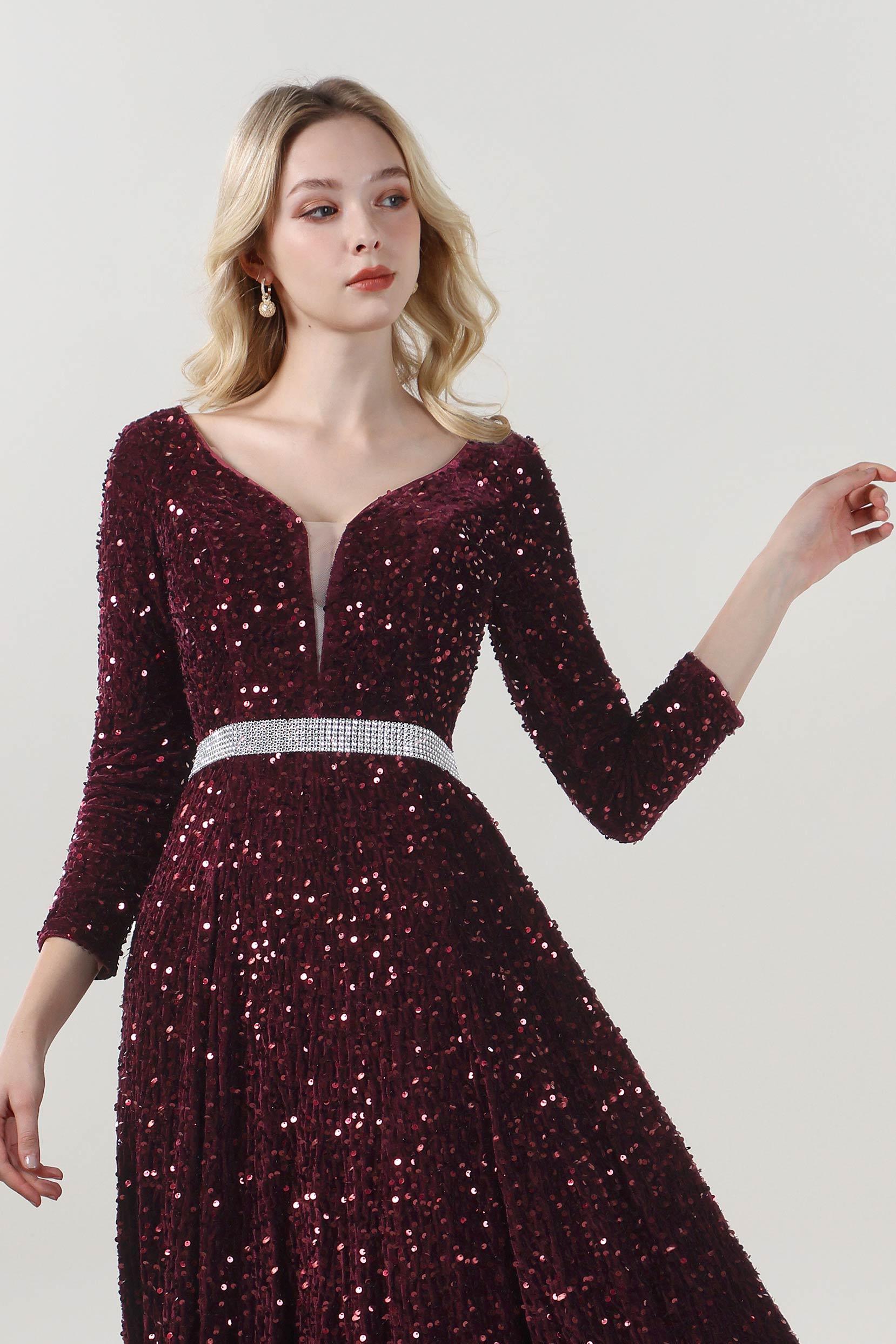 A-Line Sweep-Brush Train Velvet Sequin Bridesmaid Dress CS0636BM - COCOMELODY