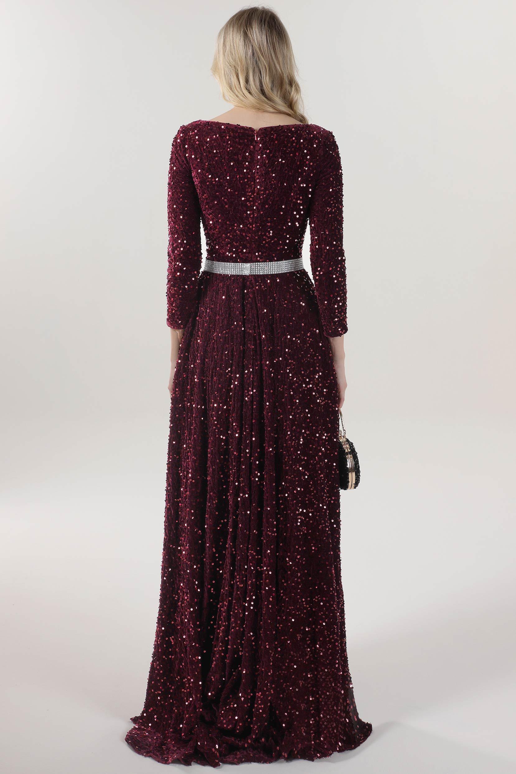 A-Line Sweep-Brush Train Velvet Sequin Bridesmaid Dress CS0636BM - COCOMELODY