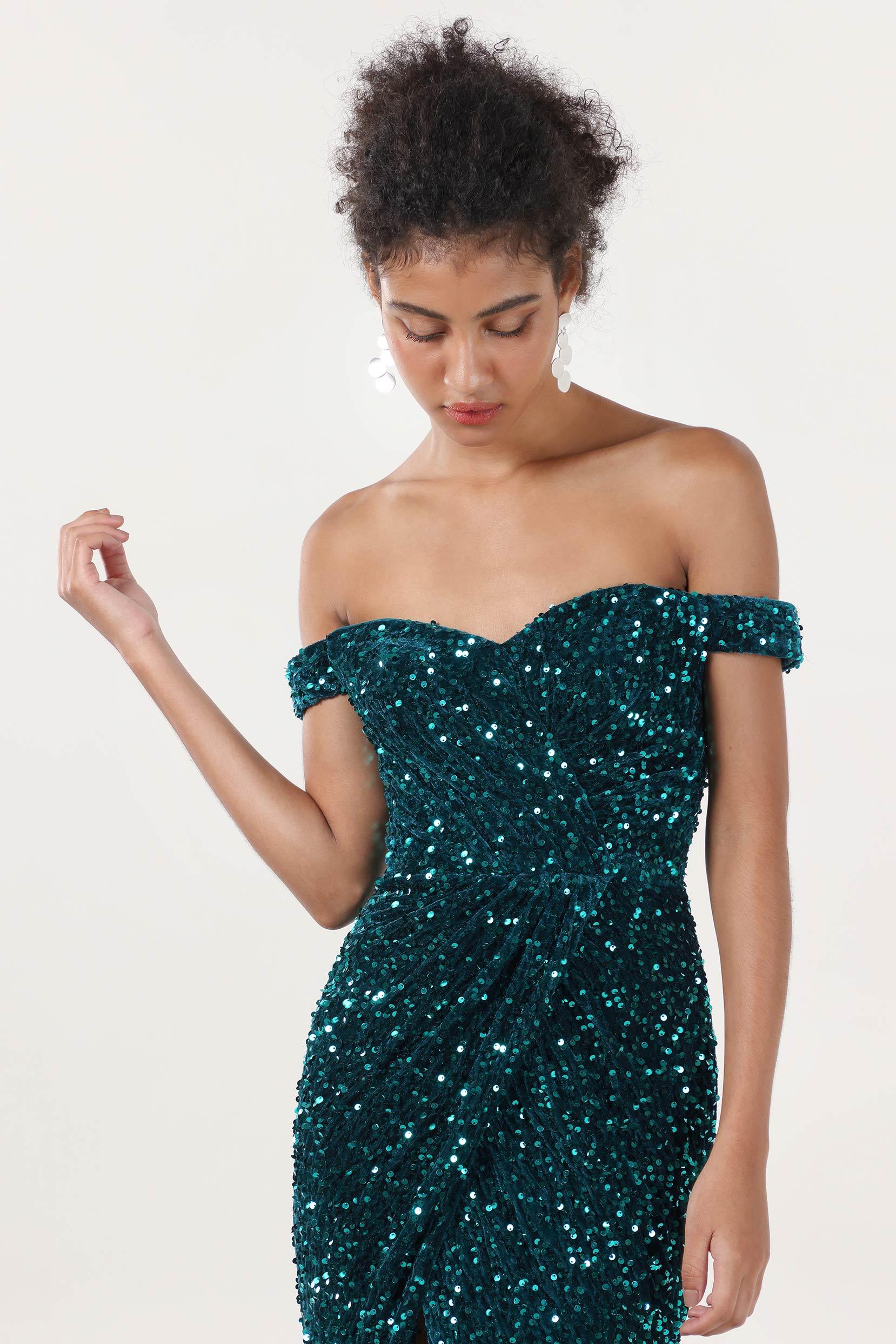 Sheath-Column Sweep-Brush Train Velvet Sequin Formal Dress CS0639 - COCOMELODY