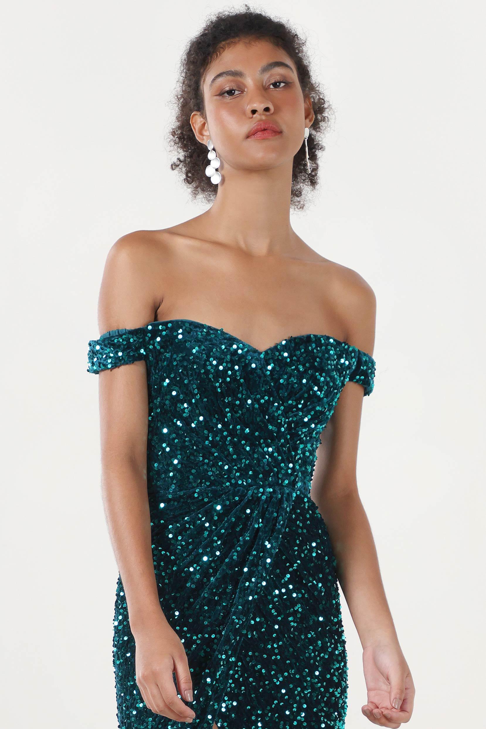 Sheath-Column Sweep-Brush Train Velvet Sequin Formal Dress CS0639 - COCOMELODY