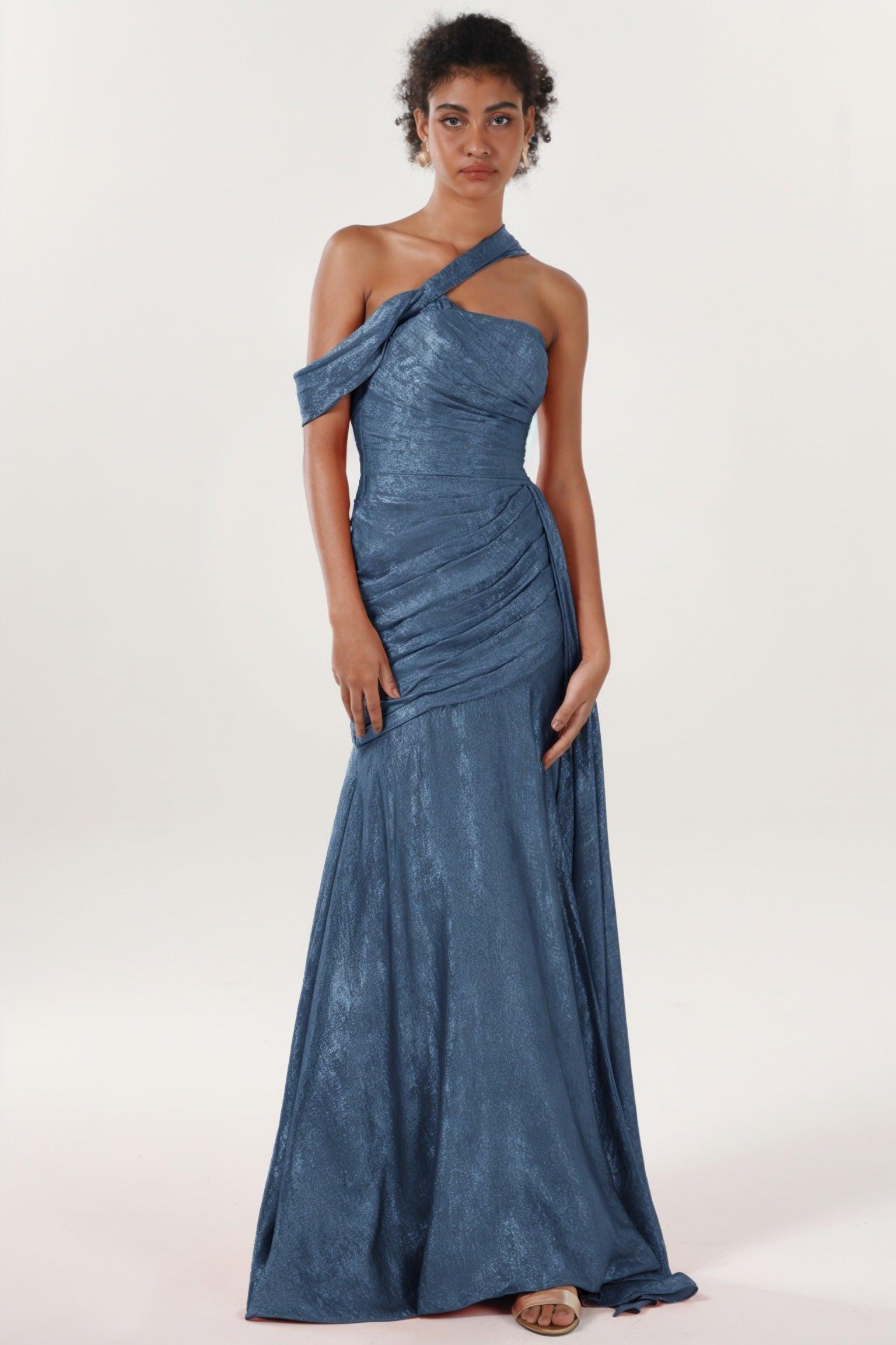 Sheath-Column Sweep-Brush Train Metallic Formal Dress CS0641 - COCOMELODY