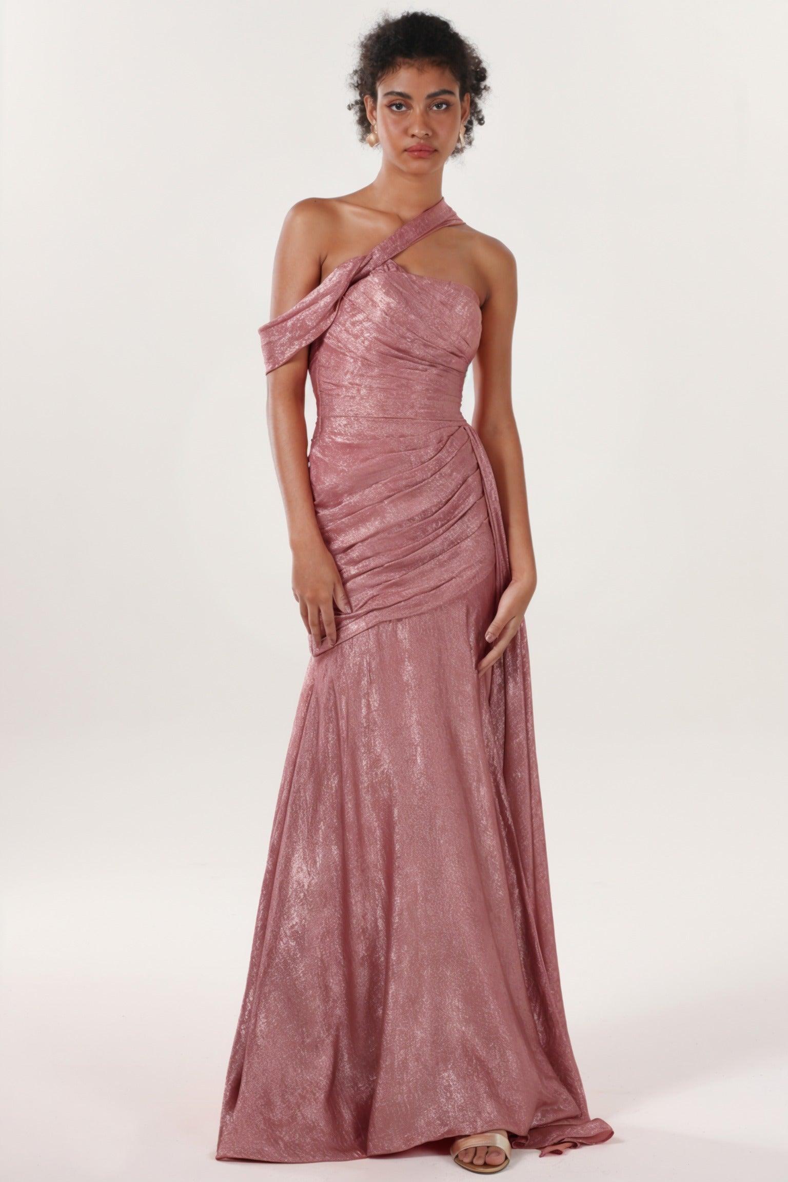 Sheath-Column Sweep-Brush Train Metallic Formal Dress CS0641 - COCOMELODY