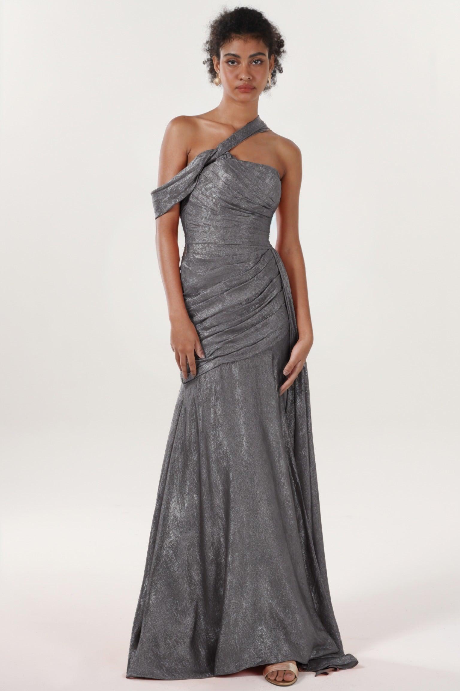 Sheath-Column Sweep-Brush Train Metallic Formal Dress CS0641 - COCOMELODY