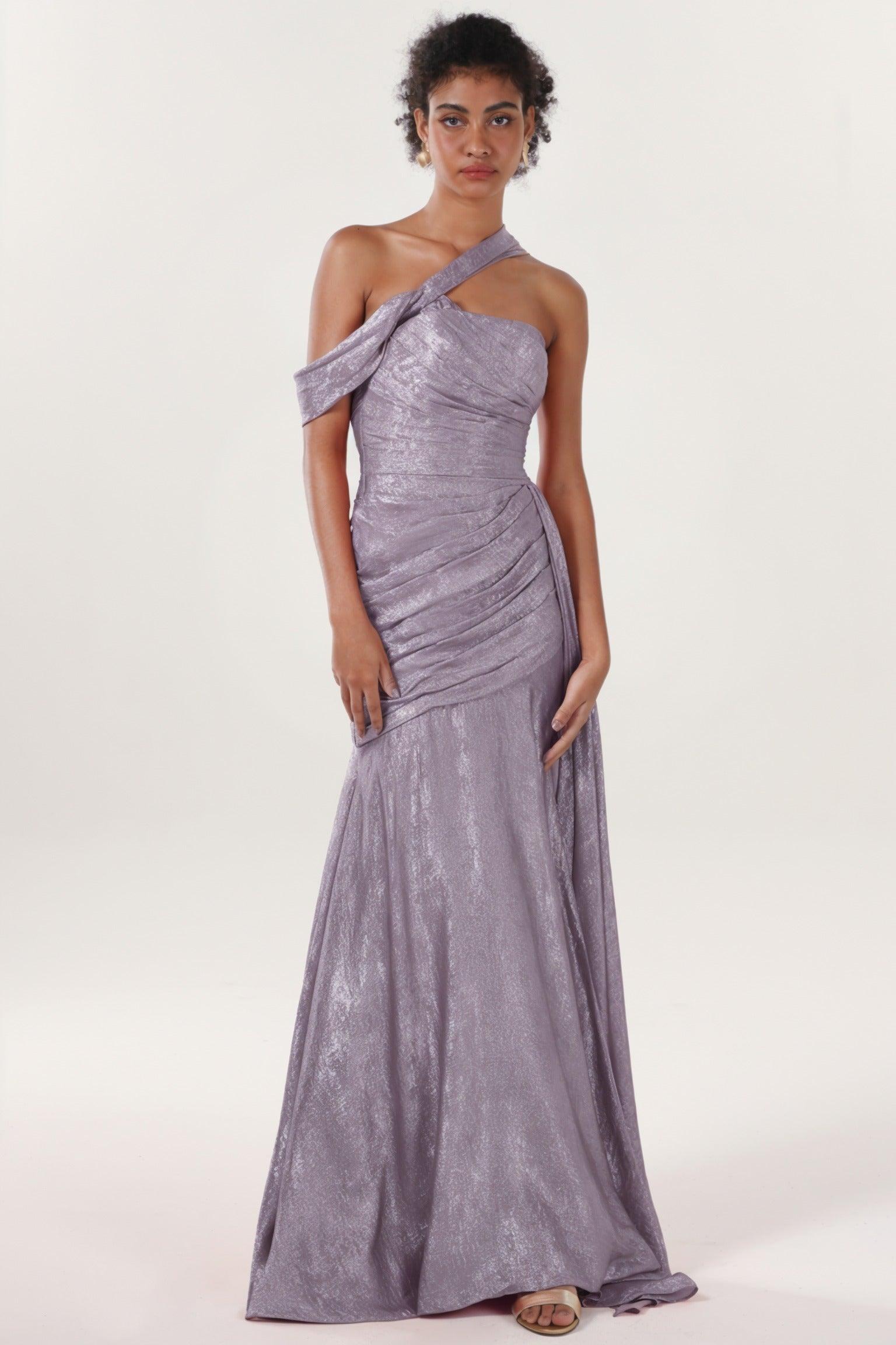 Sheath-Column Sweep-Brush Train Metallic Formal Dress CS0641 - COCOMELODY