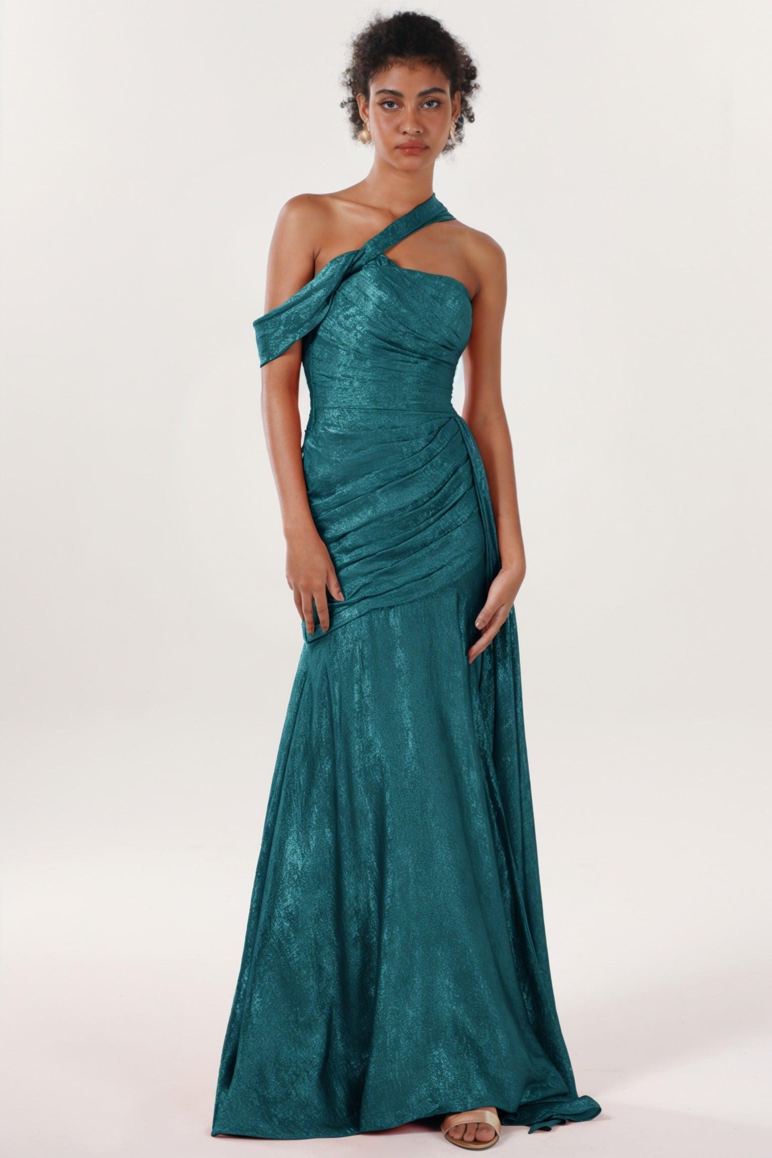 Sheath-Column Sweep-Brush Train Metallic Formal Dress CS0641 - COCOMELODY