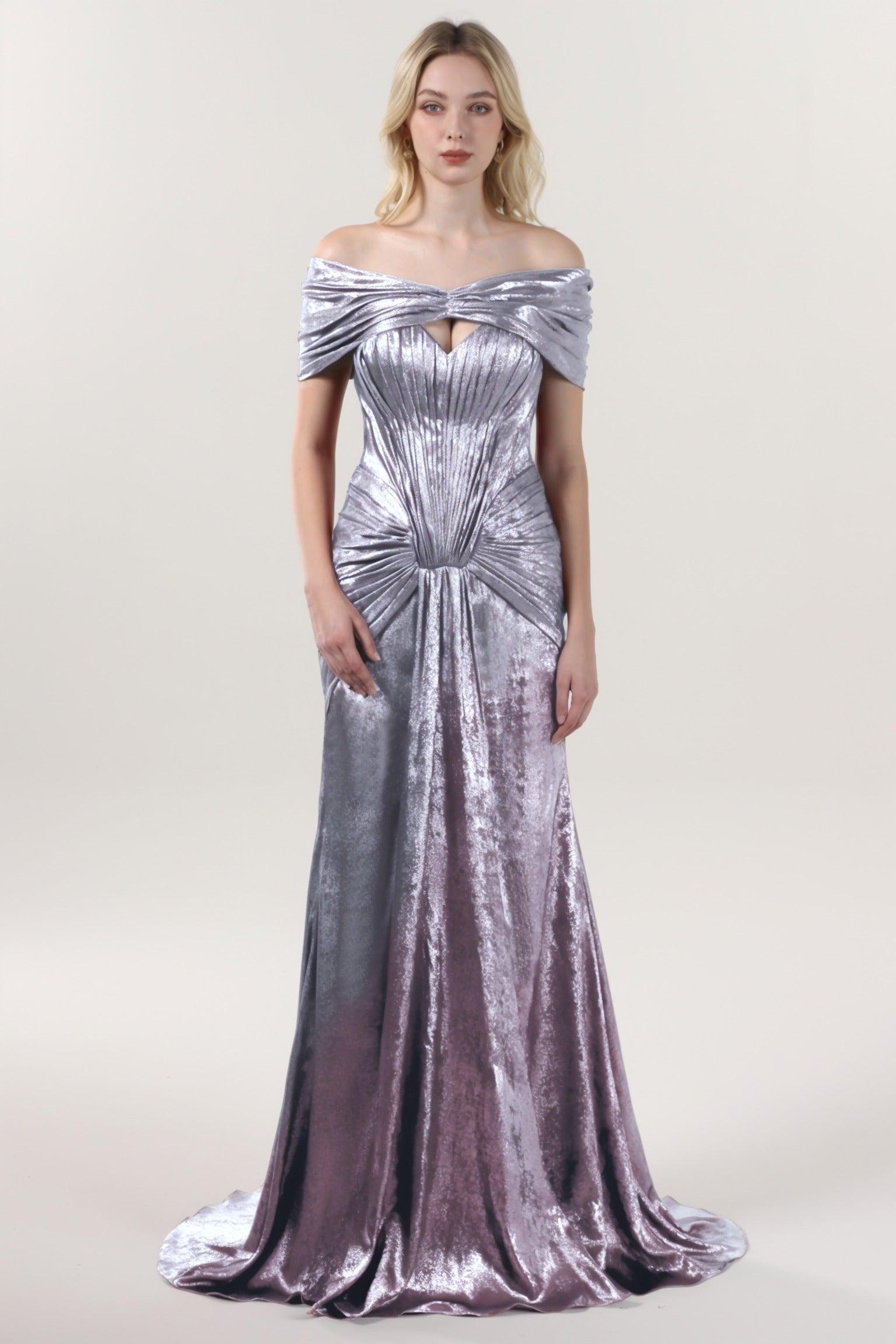 Trumpet-Mermaid Sweep-Brush Train Metallic Formal Dress CS0646 - COCOMELODY