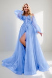 A-Line Sweep-Brush Train Tulle Prom Dress CS0701 - COCOMELODY