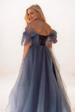 A-Line Sweep-Brush Train Tulle Prom Dress CS0705 - COCOMELODY