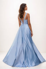V-Neck Sleeveless A-Line Sweep Train Satin Prom Dresses CS0724 - COCOMELODY