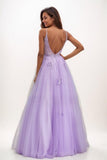 V-Neck A-Line Floor-Length Lace/Tulle Prom Dresses CS0725 - COCOMELODY