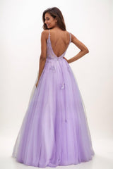 V-Neck A-Line Floor-Length Lace/Tulle Prom Dresses CS0725 - COCOMELODY