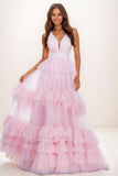 V-Neck A-Line Floor-Length Tulle Prom Dresses With Ruffle CS0731 - COCOMELODY