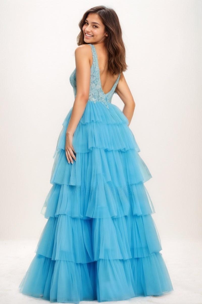 Dreamy Lace V-Neck A-Line Floor-Length Tulle Prom Dresses CS0736 - COCOMELODY