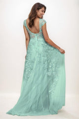 Illusion Neck A-Line Sweep Train Lace/Tulle Prom Dresses CS0747 - COCOMELODY