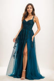 A-Line V-Neck Satin/Tulle Prom Dresses With High Split CS0755 - COCOMELODY