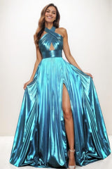 A-Line Halter Sleeveless Outcut Prom Dresses With High Split CS0756 - COCOMELODY