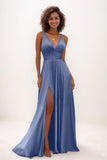 Modest A-Line Silk Like Satin Prom Dresses With High Split CS0766 - COCOMELODY