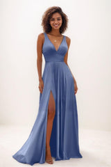 Modest A-Line Silk Like Satin Prom Dresses With High Split CS0766 - COCOMELODY