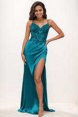 V-Neck Lace Corset High Split Sweep Train Prom Dresses CS0770 - COCOMELODY