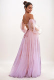 Off-The-Shoulder Long Lantern Sleeves Tulle Prom Dresses CS0776 - COCOMELODY