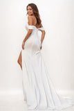 Elegant Off-The-Shoulder High Split Sweep Train Elastic Satin Prom Dresses CS0781 - COCOMELODY