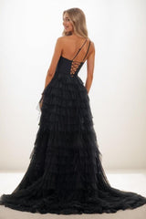One-Shoulder Tulle Tiered Skirt High Split Prom Dresses CS0790 - COCOMELODY