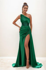 One-Shoulder Sequins High Split Satin Prom Dresses CS0797 - COCOMELODY