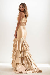One-Shoulder High Split Ruffle Sweep Train Prom Dresses CS0802 - COCOMELODY