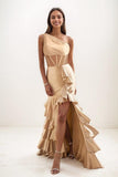 One-Shoulder High Split Ruffle Sweep Train Prom Dresses CS0802 - COCOMELODY