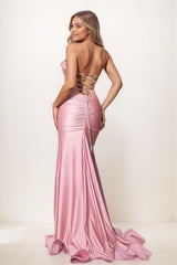 Ruffle High Split Sweep Train Silk Like Satin Prom Dresses CS0806 - COCOMELODY