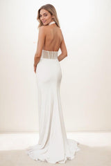 Modest Halter Sleeveless Outcut Elastic Satin Prom Dresses CS0822 - COCOMELODY