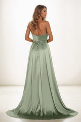 A-Line V-Neck Sleeveless Spaghetti Straps Acetate Satin Prom Dresses CS0826 - COCOMELODY