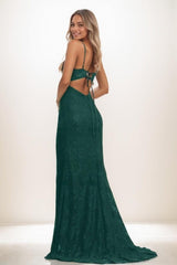 V-Neck Corset Back Hole High Split Sweep Train Lace Prom Dresses CS0836 - COCOMELODY
