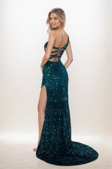 Exquisite One-Shoulder Outcut Velvet Sequin Prom Dresses CS0840 - COCOMELODY