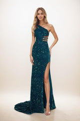 Exquisite One-Shoulder Outcut Velvet Sequin Prom Dresses CS0840 - COCOMELODY