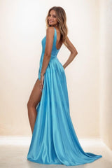 V Neck High Split A Line Sweep Train Satin Prom Dresses CS0853 - COCOMELODY