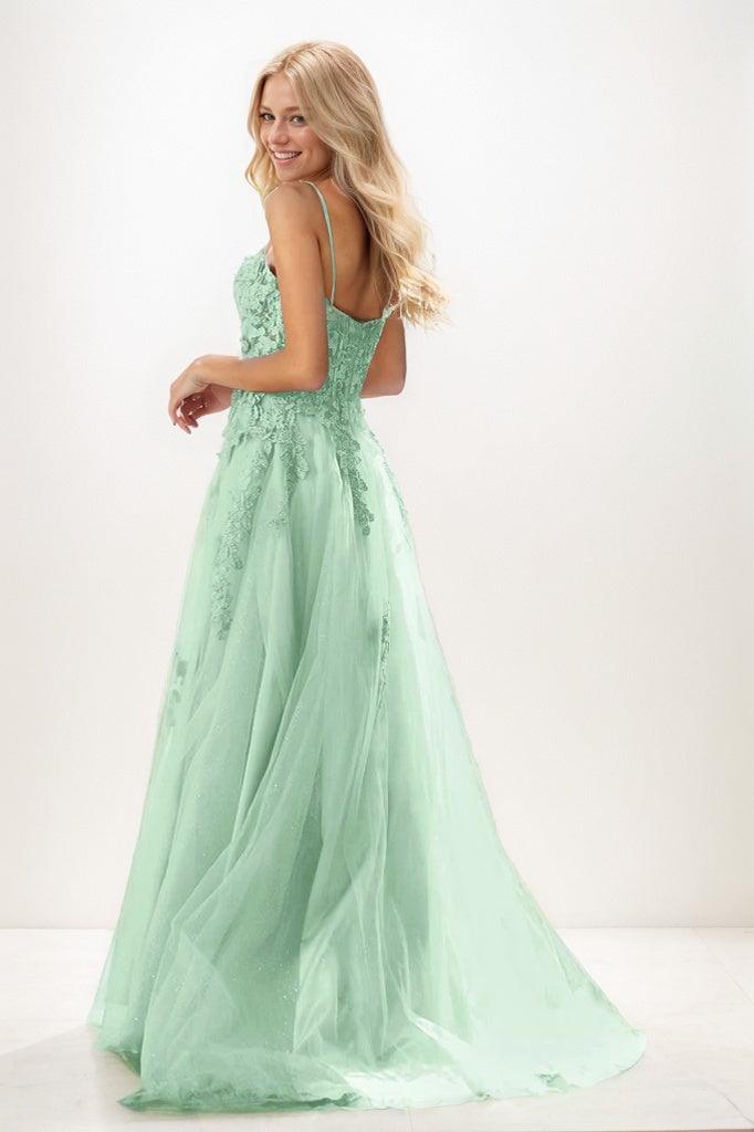 Sweetheart Spaghetti Straps Applique A Line Tulle Prom Dresses CS0943 - COCOMELODY