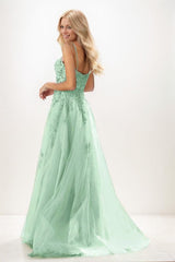 Sweetheart Spaghetti Straps Applique A Line Tulle Prom Dresses CS0943 - COCOMELODY
