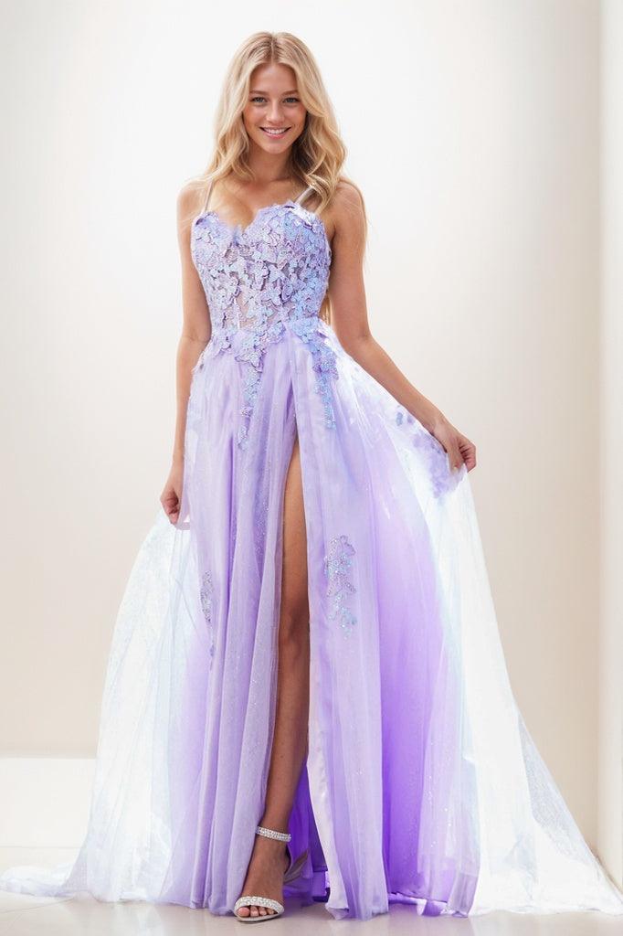 Sweetheart Spaghetti Straps Applique A Line Tulle Prom Dresses CS0943 - COCOMELODY