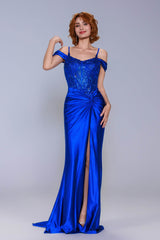 Sheath-Column Sweep-Brush Train Stretch Satin Prom Dress CS1053 - COCOMELODY